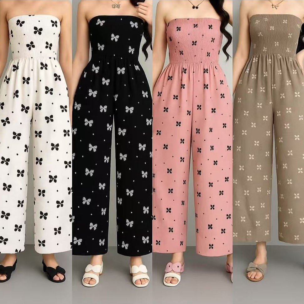 【 wwypp】Owla Fashion Jumpsuit Wideleg Smocked Tube Style Womenswear 1732