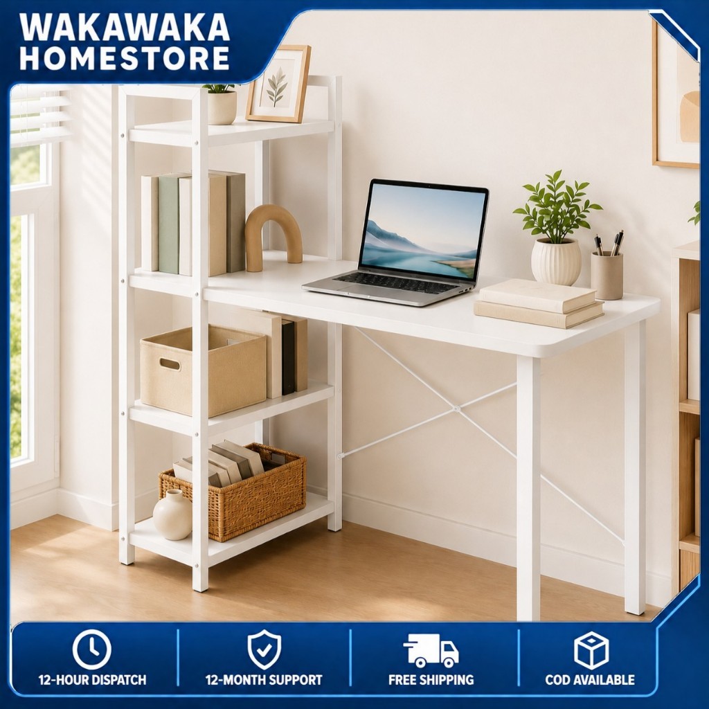 [Shelf Left&Right]90/120cm Study Table with Book Shelf Desktop Table Computer Table for Home Bedroom