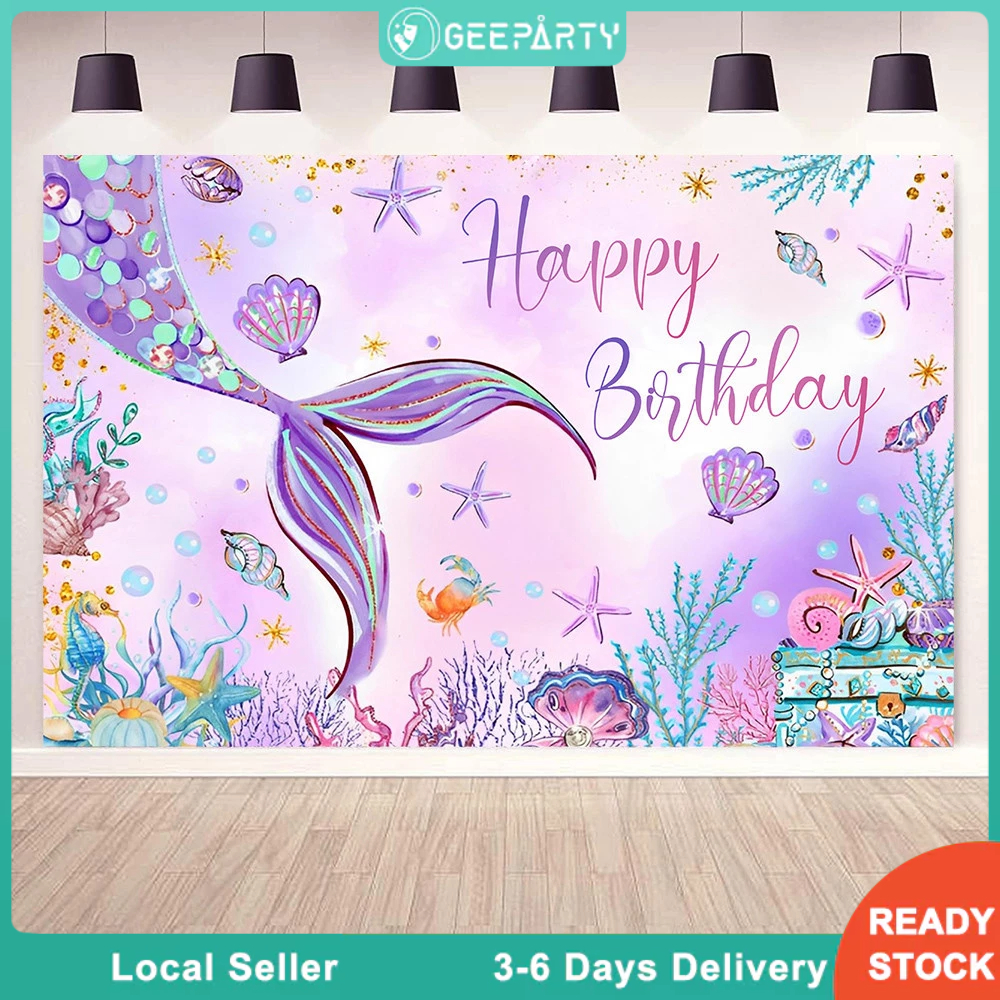 Little Mermaid Birthday Party Backdrop for Photography Purple Mermaid Tail Background Birthday Decor