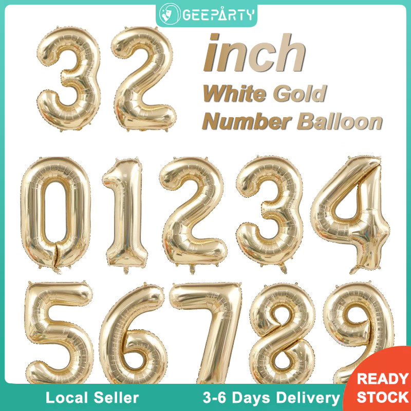 32 Inch 0-9 White Gold Number Balloon Platinum Foil Balloon for Birthday Party Decorations Supplies