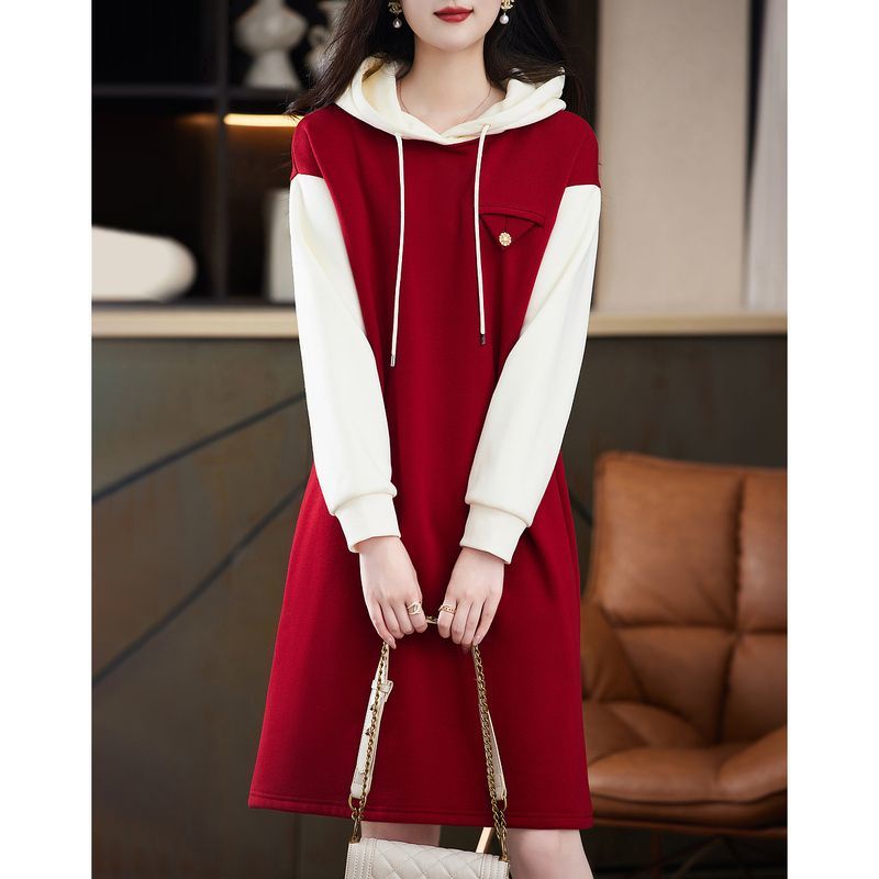 【Hoodie Dress Oversized】(40-150kg) Color Splicing Long Sleeves Plus Size Drawstring Mini Sweater Dress Korean Fashion Above Knee