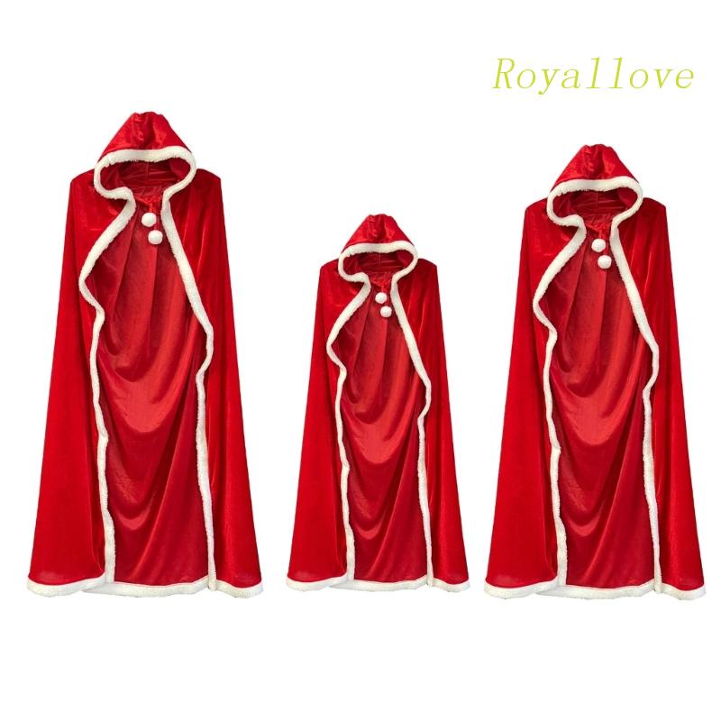 royal Christmas Party Costume Cosplay Santa Claus Velvet Long Hooded Cloak Pompom Tie Up Winter Warm Red Robe Overcoat