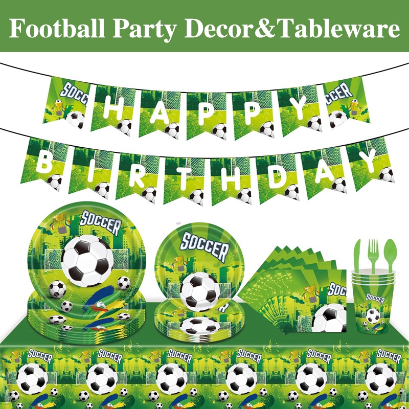 2023 Football Birthday Party Club Decor Green Soccer Banner Cake Topper Tablecloth Tableware Boy Festive Decoration Supplies Set