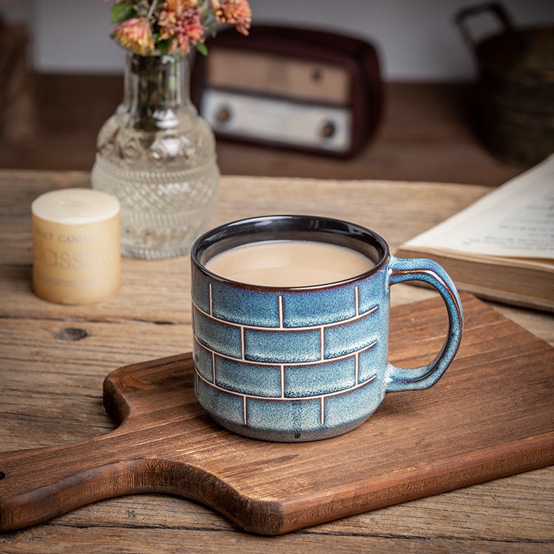 Vingate style ceramic cup, 350ml square and blue striped ceramic cup