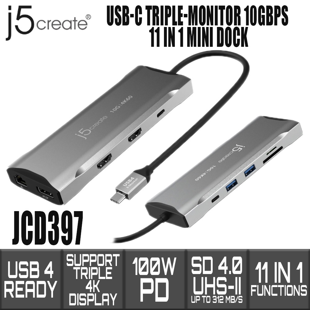 J5create Jcd397 Usb C Triple 4k Monitor Extend 10gbps 11 In 1 Mini Dock Usb 4 Ready 100w Pd Mst