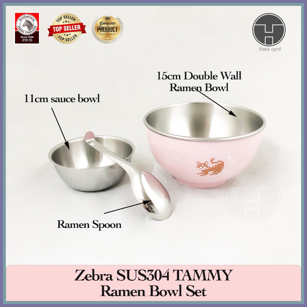 [TeoHin] Zebra SUS304 TAMMY Series Ramen Bowl Set, 15cm ramen bowl + 11cm dessert bowl + ramen spoon, children kid bowl