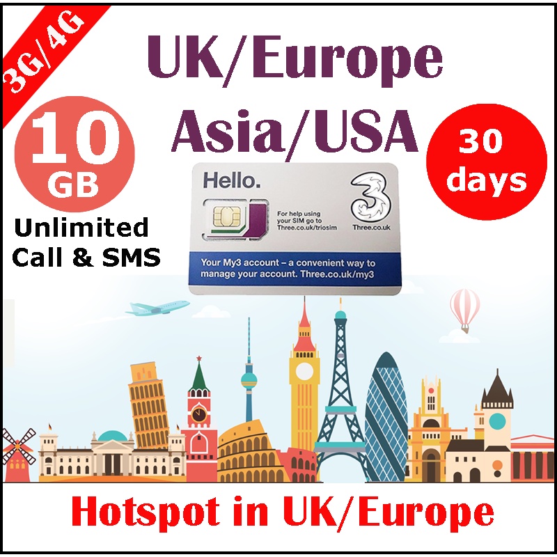 Europe USA HK SG UK World THREE Travel Sim Card 10 GB Data + Unlimited Calls SMS for 30 days