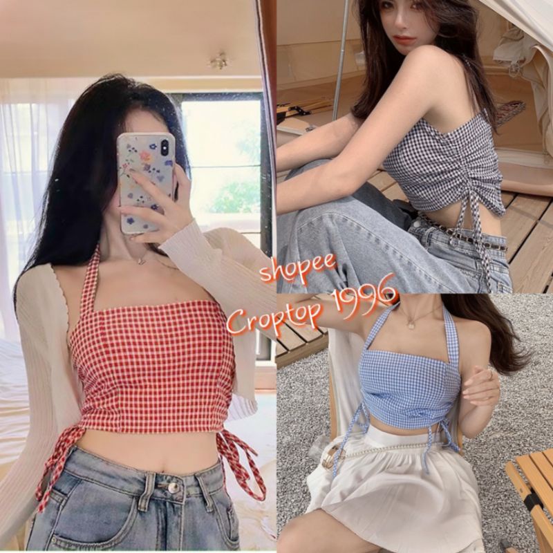 Plaid croptop overalls - with breast pads. code A31