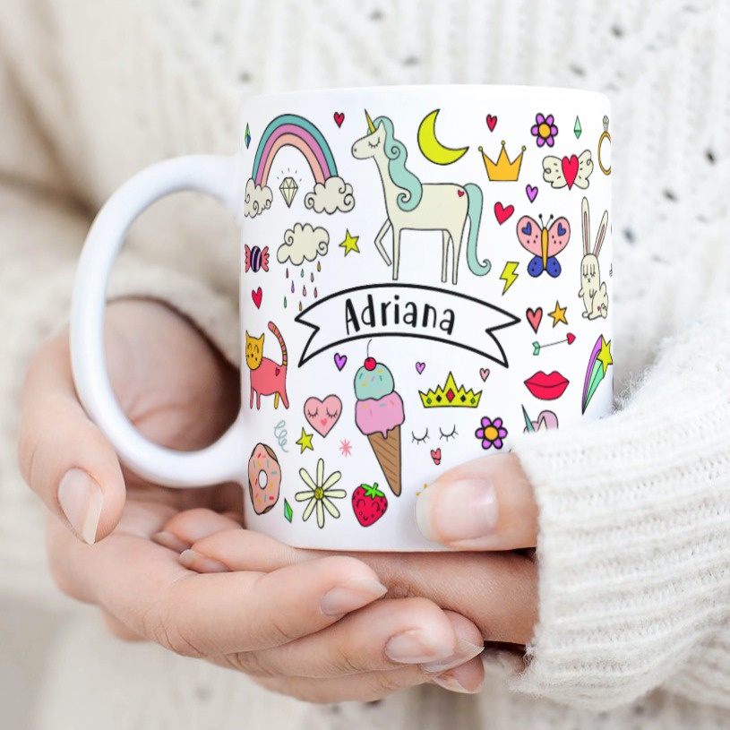 Whimsical Doodle Personalised Mug | Cute Gift Hadiah | Birthday Girl Rainbow Unicorn