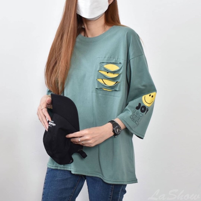 Ripped Smile Sleeve Print T 1946 Color Block Eye-Catching Bright Cute ️ Really Everyone's Favorite Style And Scratched Create A Feeling Whole Vitality And Randomness