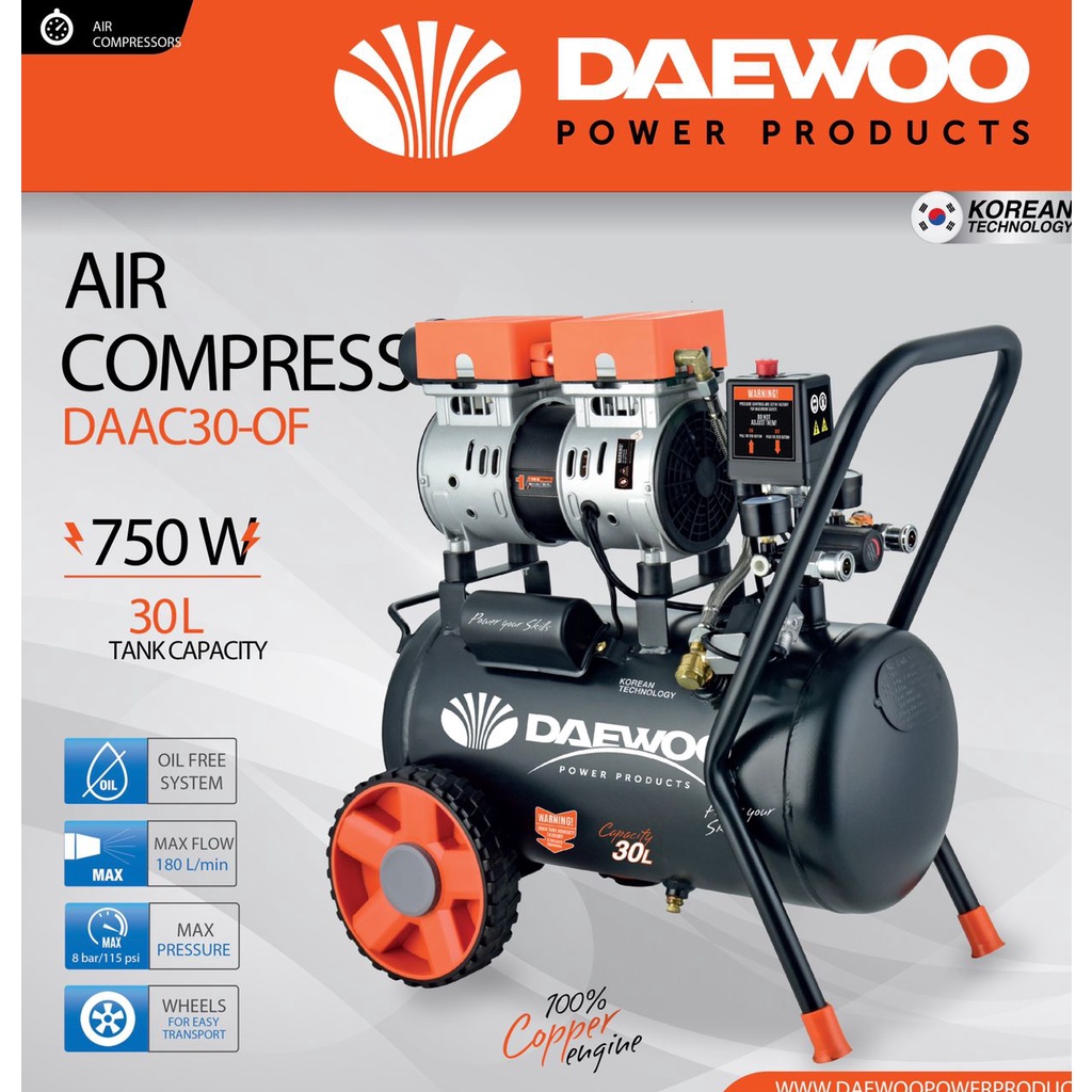 MYDIYHOMEDEPOT DAEWOO Oil Free Air Compressor 30 Liter 1HP 750w