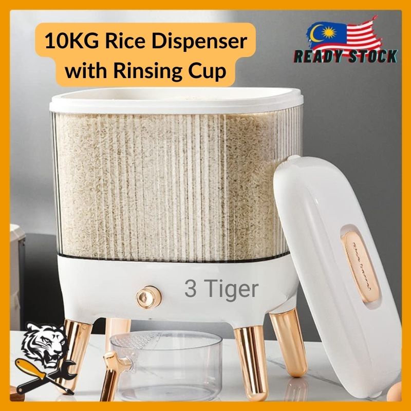 3THW 10KG Rice Dispenser Large Sealed Grain Container Storage Household Automatic Rice Dispenser Bucket with Rinsing Cup