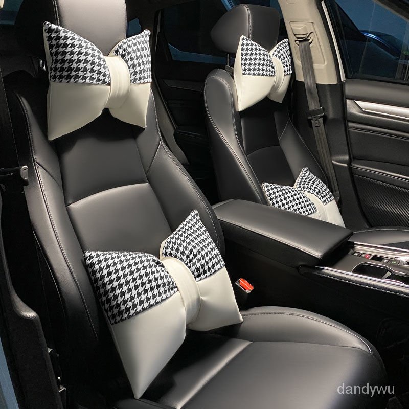 [Preferred Boutique] Car Headrest Lumbar Support Houndstooth Bow Light Luxury High-End Fashion Universal Neck Pillow Backrest Female ins Style Korea 1C5K
