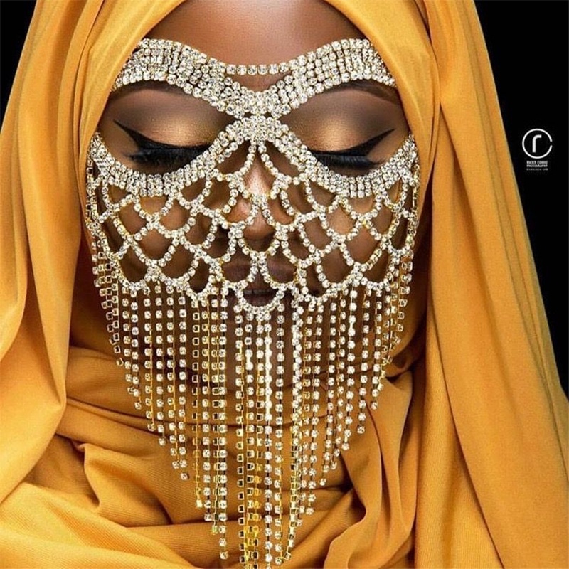 Women's Handmade luxury Rhinestone long tassel mask fashion sexy makeup