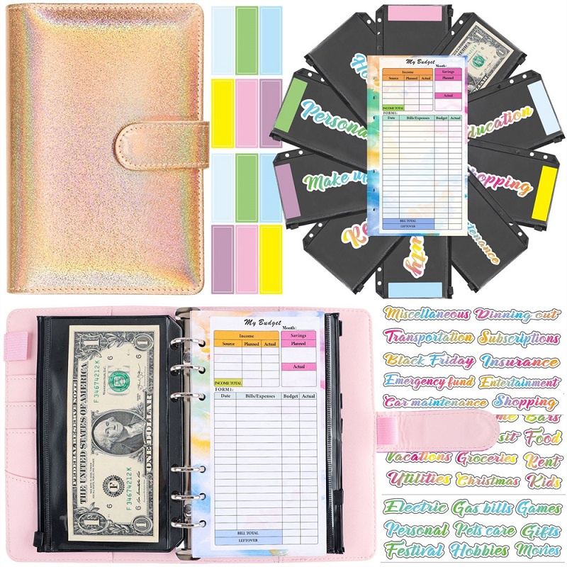 A6 Glitter Budget Money Binder Zipper Envelopes Cash Organizer System ...