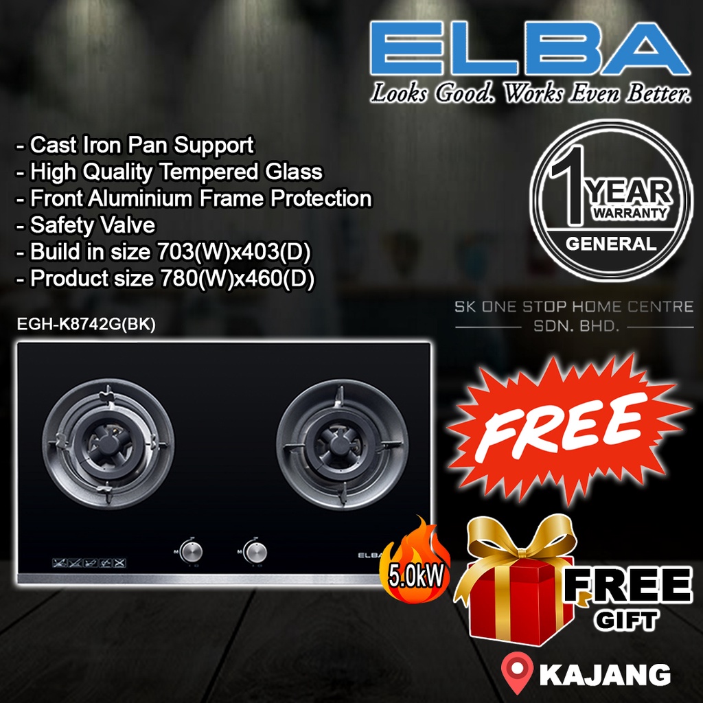 ELBA EGHK8742G(BK) 5.0kW 2 Burner Built In Glass Hob / Gas Stoves