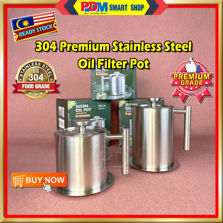 PDM Premium 304 Stainless Steel Oil Filter Pot Cooking Oil Strainer Container 1.2L/1.8L Shopee