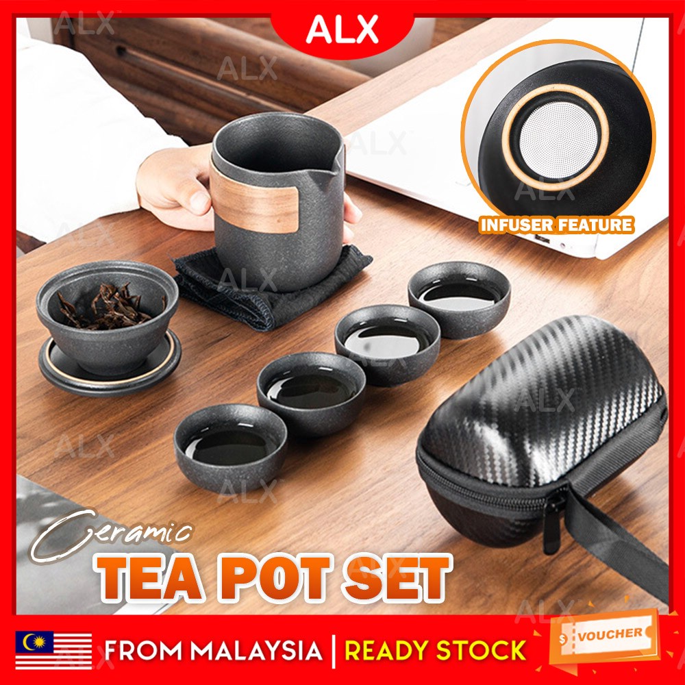 ALX Travel Ceramic Teapot Set 1 Pot 4 Cup Porcelain Kung Fu Chinese Tea Set wt Infuser FREE Storage Bag 高级陶瓷茶具