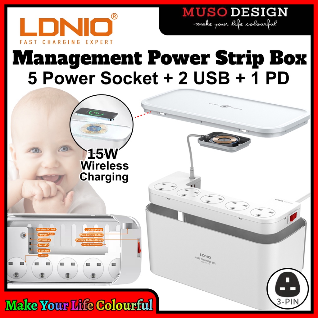 LDNIO Management Power Strip Box 15W Wireless Charging with 5 Socket+ 2