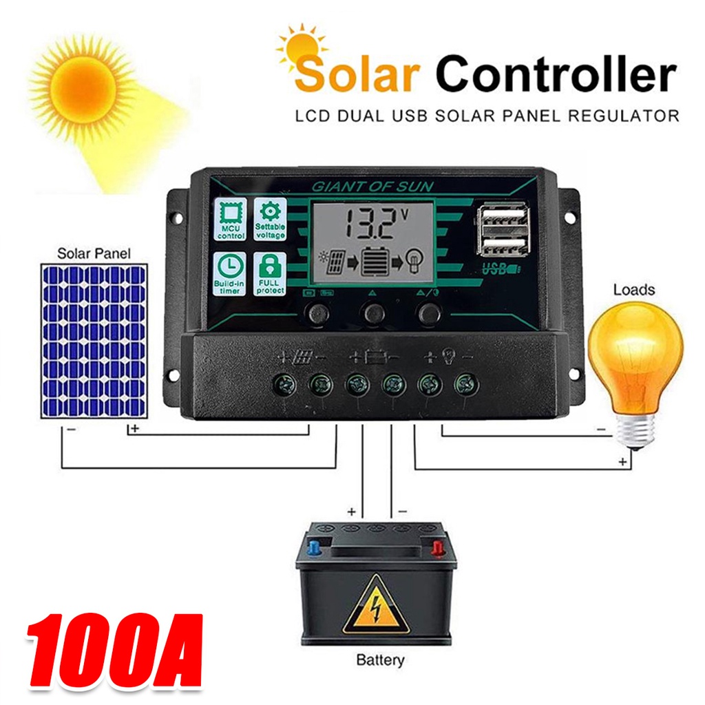 100A PWM Solar Charge Controller 12V 24V Solar Panel Battery Regulator 2 USB Ports Shopee Malaysia