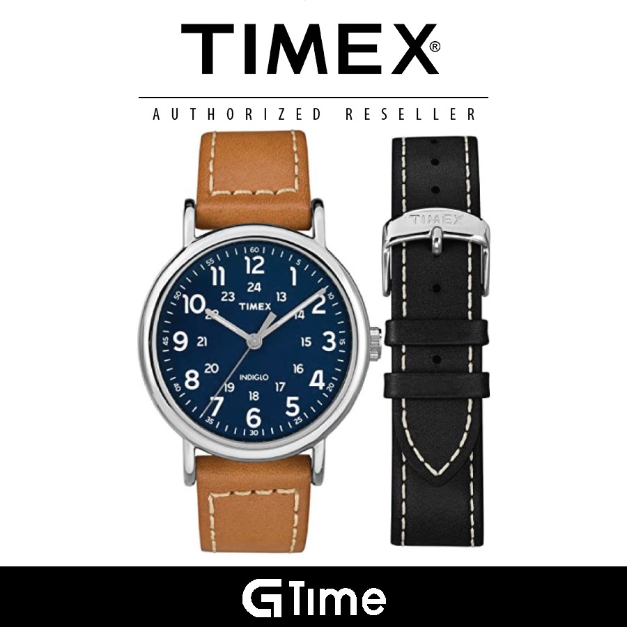 timex men's tw2r42500 weekender 40 brown blue leather strap watch