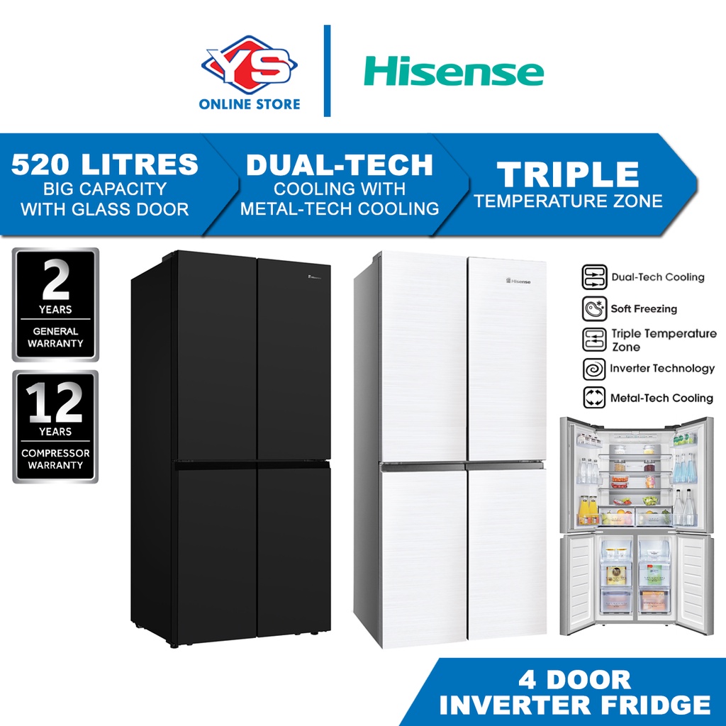 Hisense 520L 4 Door Inverter Glass Door Fridge Refrigerator Peti Sejuk