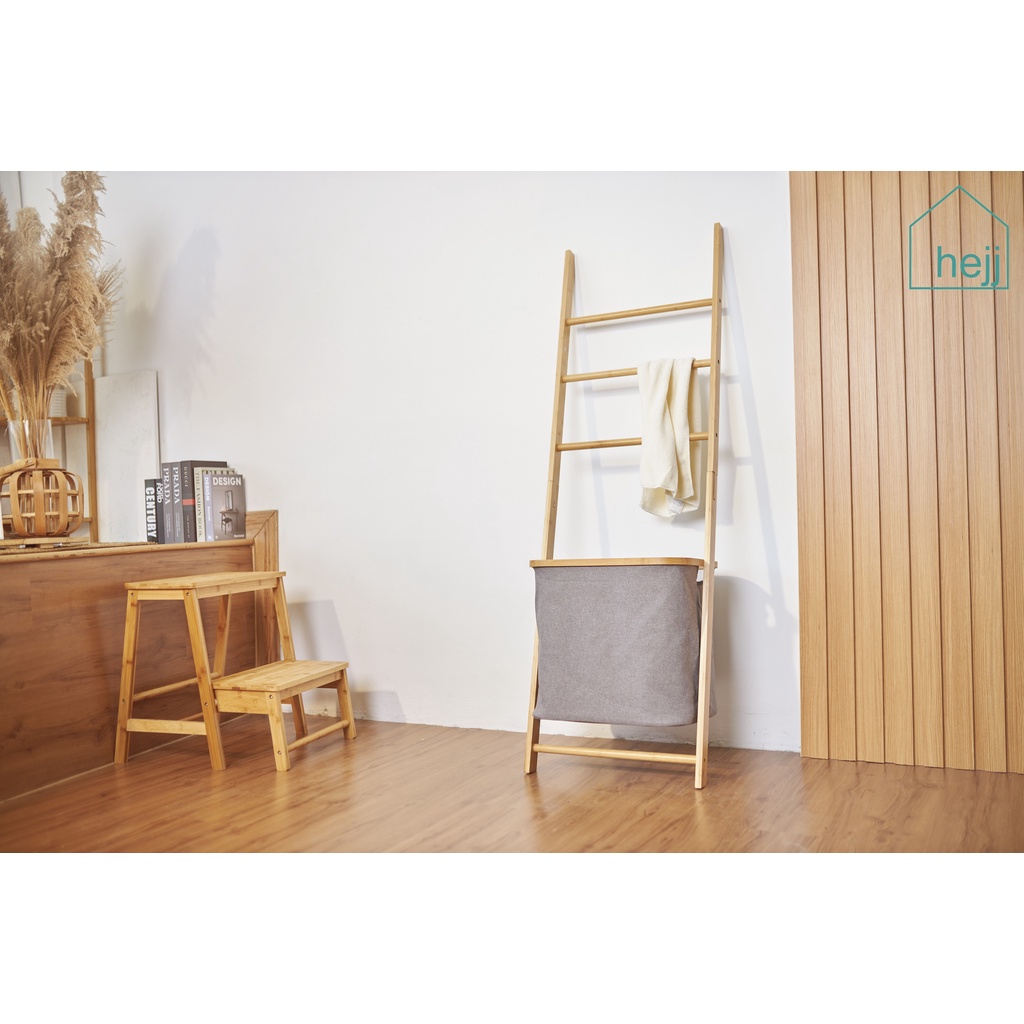 HEJJ Bamboo Towel/Laundry Ladder (with removable Laundry Hamper) GREY