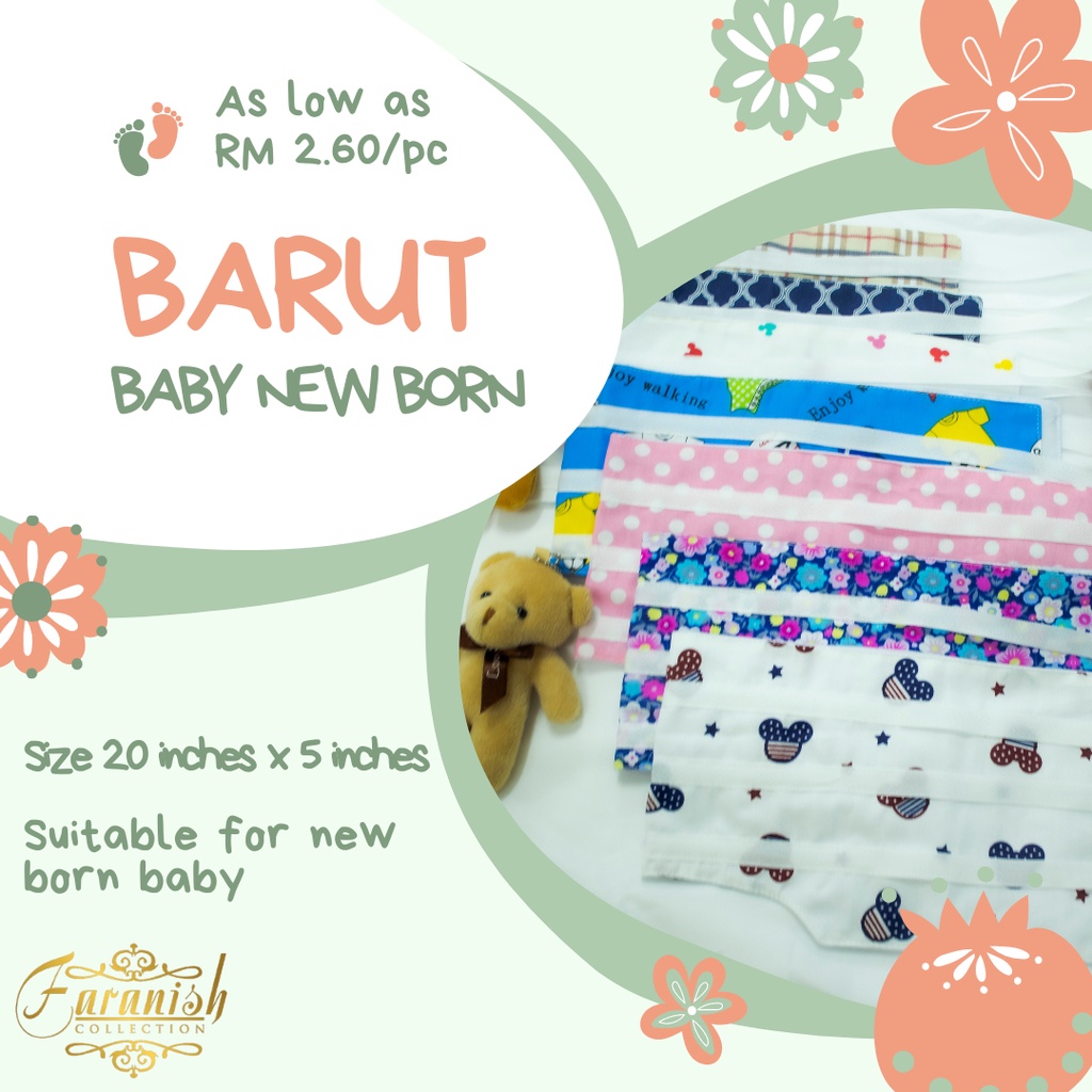 Barut Baby Bertali Saiz Newborn 2 Lapis Cotton Hampir 50 Design Boleh Dipilih Saiz 5 inch x 20 inch Tali Hujung Dibakar