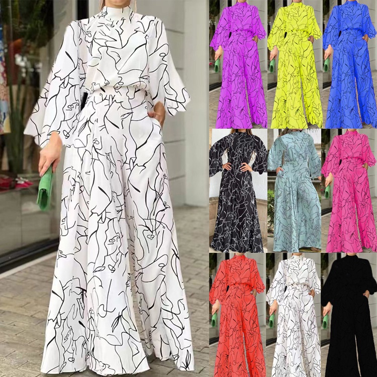 Women Elegant Jumpsuit (S-3XL) Waist Lace-Up Long-Sleeved Print Romper Plus Size