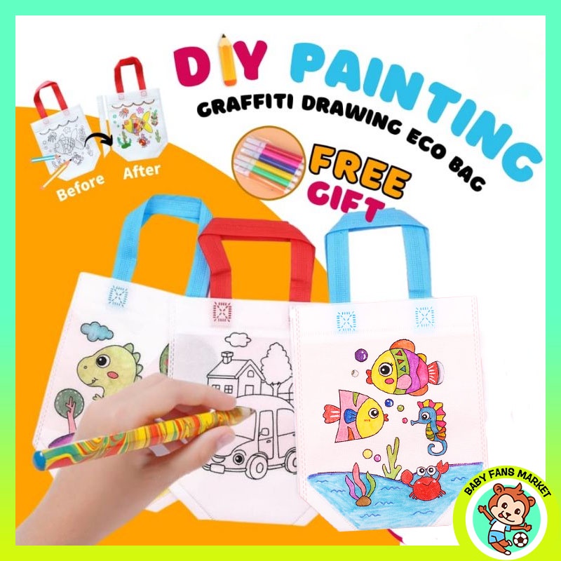 DIY Painting Graffiti Creative Single and Double-Sided Drawing Eco Bag Birthday Party Gift Door Gift Free Color Pen 6pcs