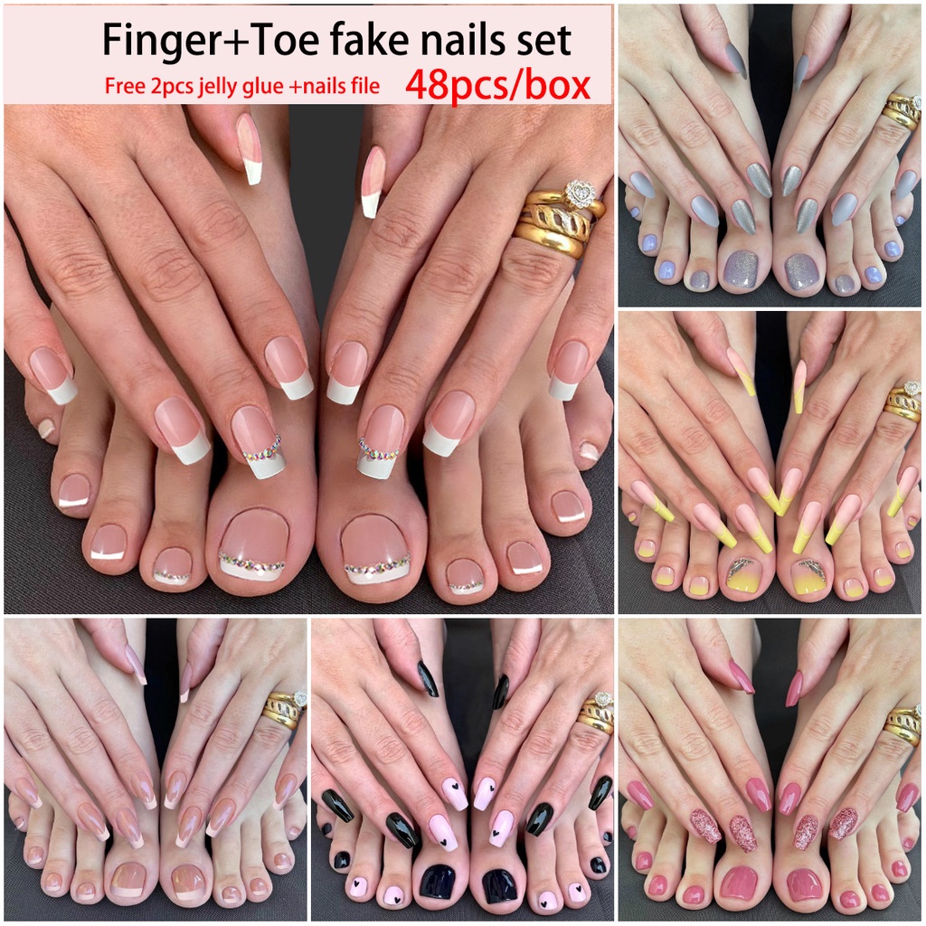 Finger +Toe Fake Nails Set ]48Pcs Fake Nail Set With Glue Long Fake Nails  French Fake Nail Ultra-Thin Wear Manicure False Nail In Stock Fake Nails  With Masonry Nail Art Fake Nails |