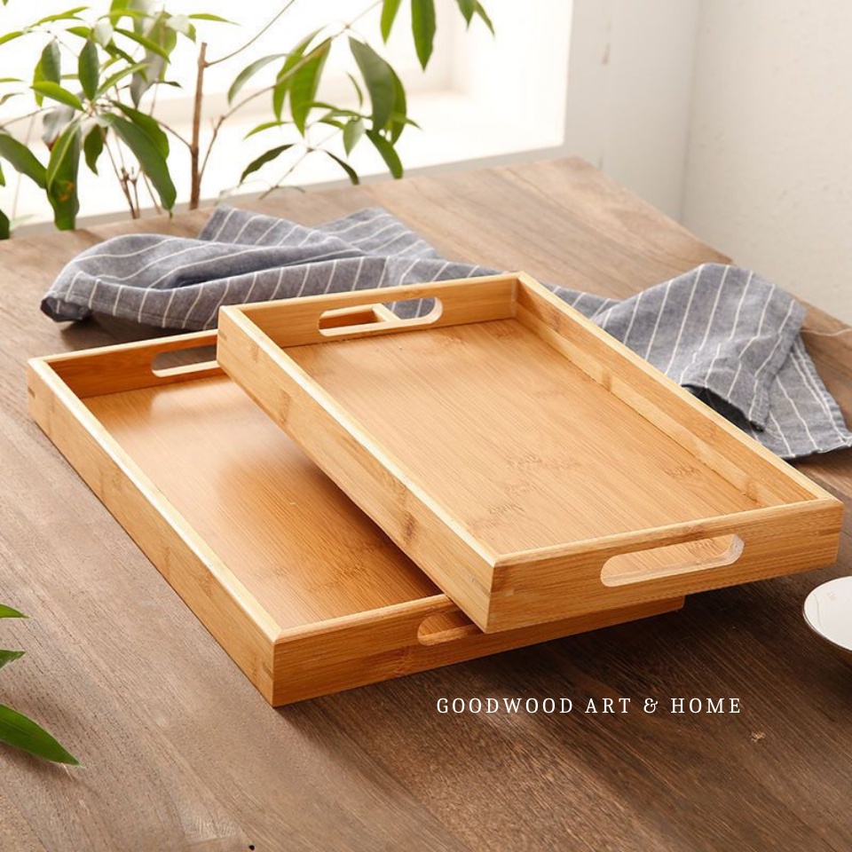 Rectangle Bamboo Tray with Handle Wooden Serving Tray Makanan Tea Tray Buffet Wooden Tray Kuih Talam Dulang Kayu 竹木托盘INS