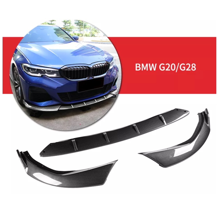 Carbon Fiber Look Front Bumper Lip For BMW G20 3 Series 330i M340i 2019-2022 – 3pc, M Sport Only