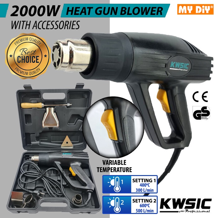 MYDIYHOMEDEPOT KWSIC HEAT GUN BLOWER HOT AIR GUN 2000W WITH ACCESSORIES / MESIN PEMANAS