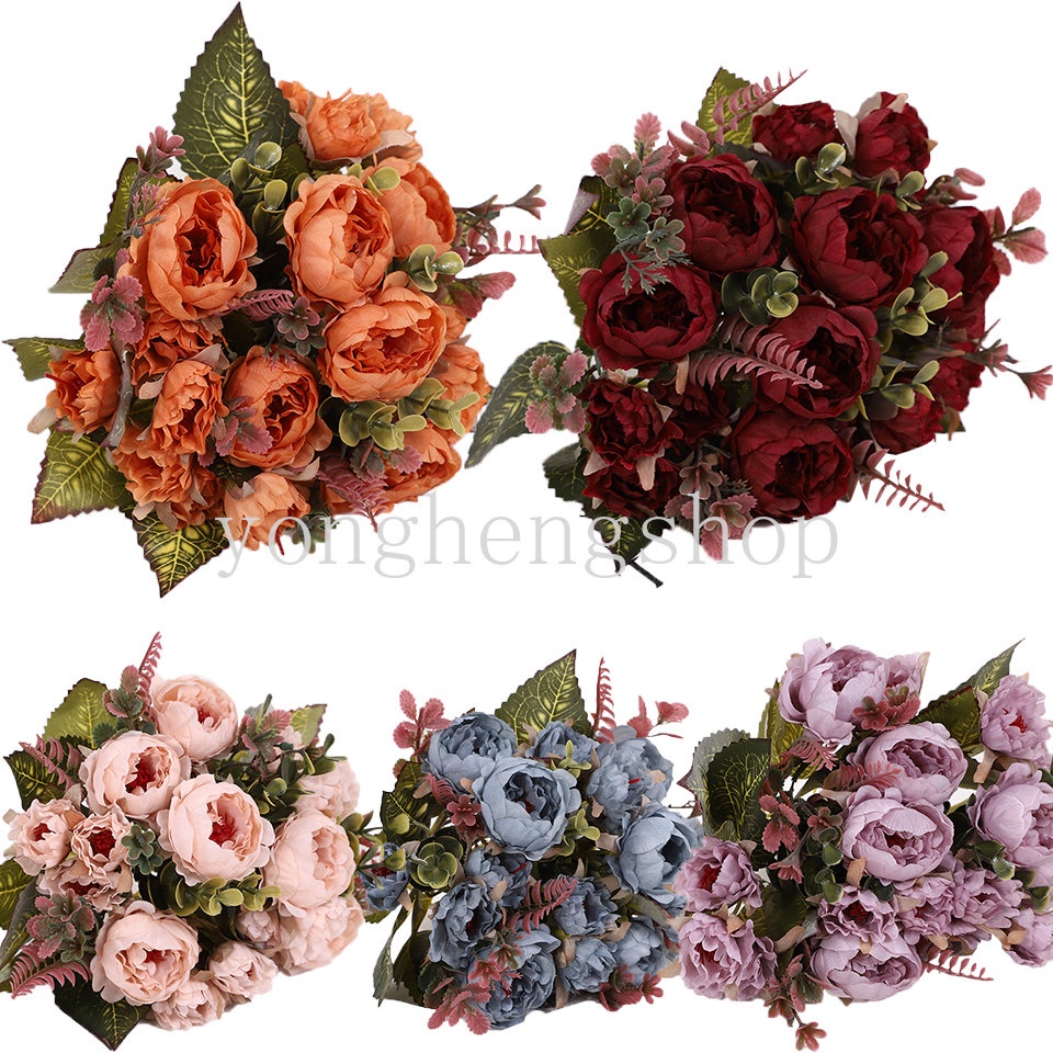 9 Heads Artificial Vintage Peony Flower Silk Flowers Bride Wedding Bouquet Home Garden Party Floral Decoration DIY Wreath