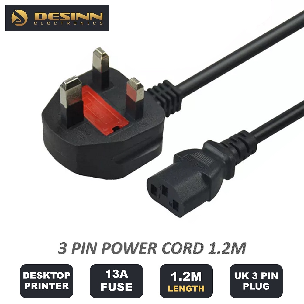 UK 3 Pin 13A Fuse Computer Power Cord Replacement AC Cable 1.2m for