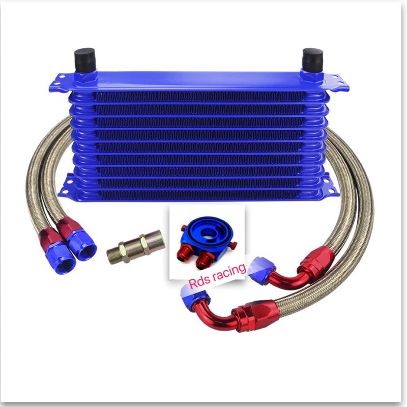 Engine Transmission Oil Cooler ( blue ) ( Set) An10 7 / 10 / 13 / 15 Row Oil Cooler + Adapter + 1mtr Braided Hose 2pcs