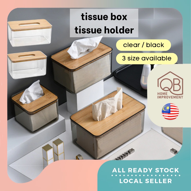 QB Wooden Bamboo Tissue Box Storage Napkin Tissue Paper Holder Living Room Dresser Study Desk Tisu Box Transparent