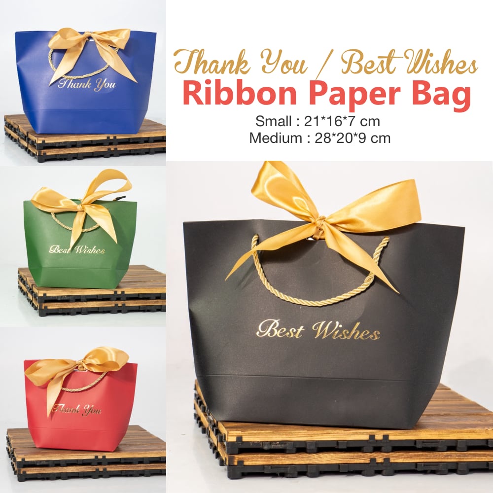 Thank You Best Wishes Gold Foil Printed Ribbon Paper Bag / Premium