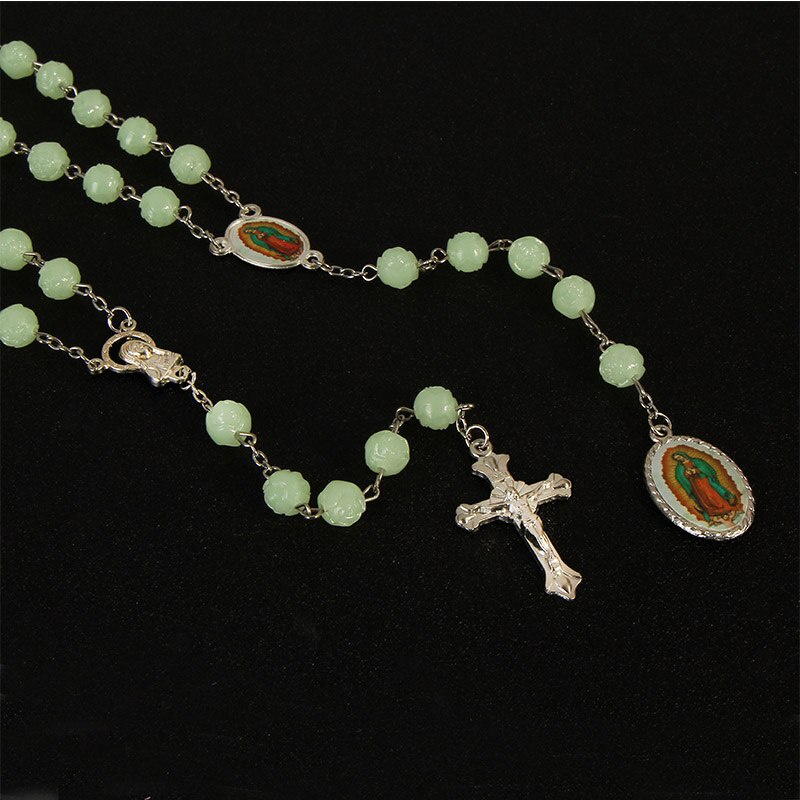 Catholic glowing green rosary cross necklace. Bless the long chain beading of Mary Rose. Prayer Cross Jesus Necklace 8mm