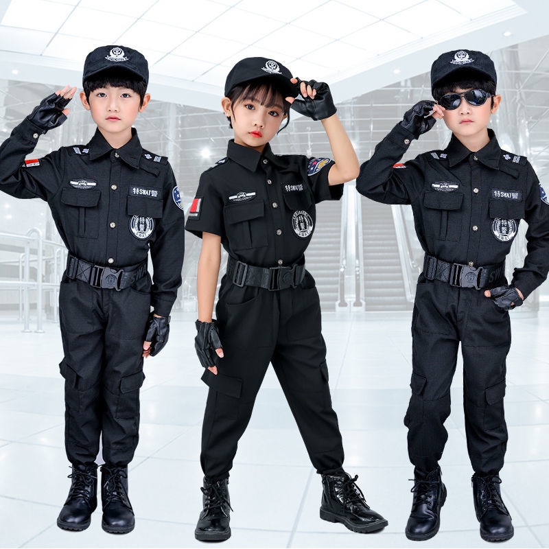 Ready Stock Hot Sale Halloween Children Police Uniforms Officer Costumes Boys Girls Suits Swat Clothes Performance Per