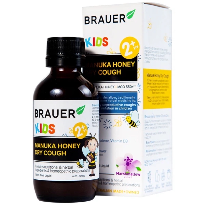 Brauer Manuka Honey Dry Cough syrup reduces dryness and Sore throat in children (100ml) Shopee