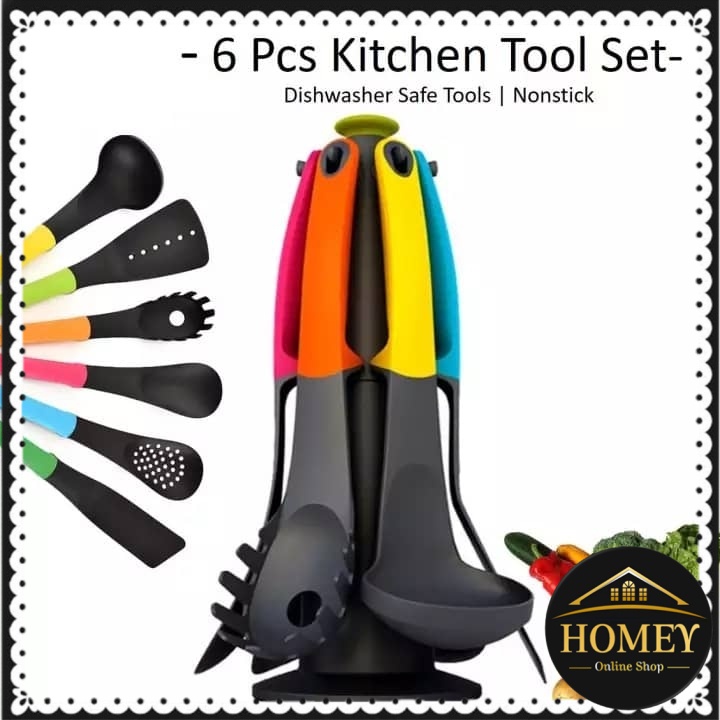 Kitchen Tool Set 6pc Dishwasher Safe Tools NONSITCK Spaghetti Server Ladle Solid Spoon Slotted Spoon Flexible