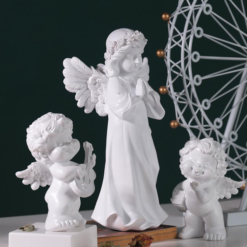 European-Style Retro Angel Statue Sculpture Home Garden Decoration Hand-Carved Doll Decoration Resin Crafts Praying Figurines Decorative