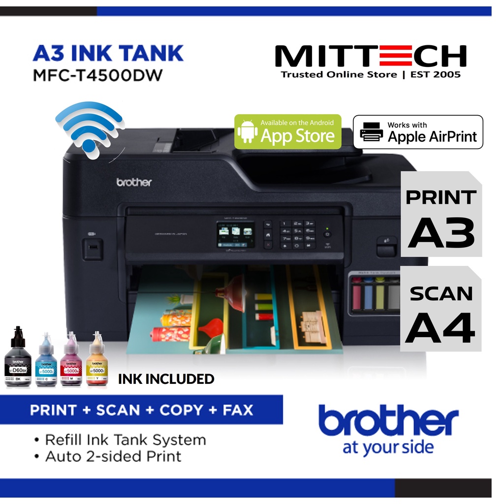 Brother MFC-T4500DW A3 All in One Wireless Colour Ink Tank Printer ...