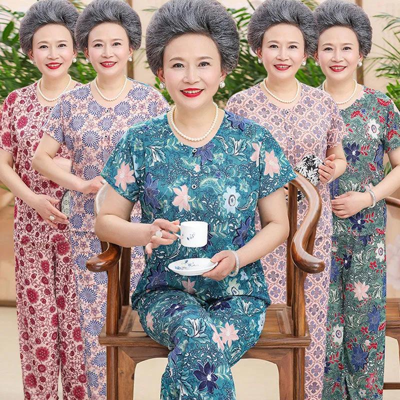 The most beautiful mother dress老年装女奶奶冰丝套装老人老太太衣服中老年妈妈短袖T恤两件套/10.12