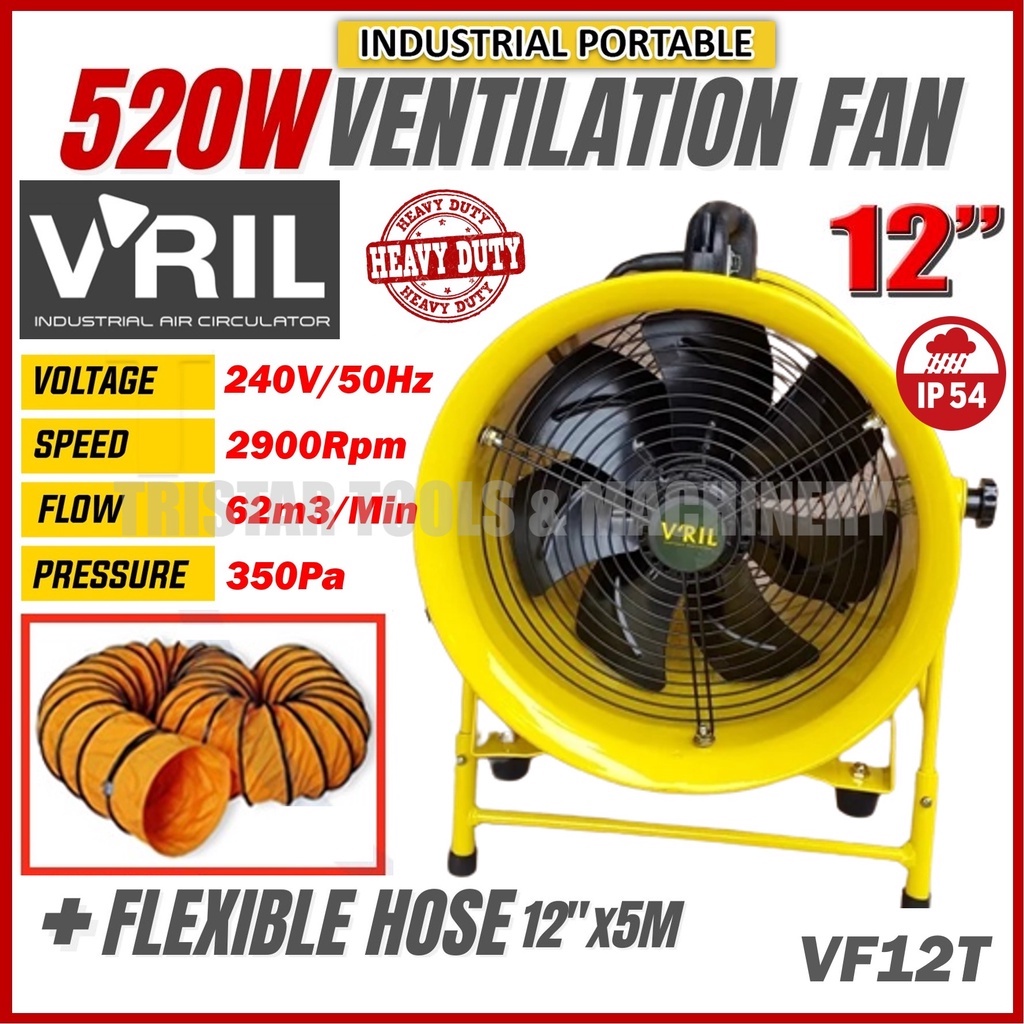 V'RIL VF12T 520W 12" Portable Ventilator & Blower Fan with Stand + 12"x5M Flexible Duct Hose Sky Dance Blower Industrial