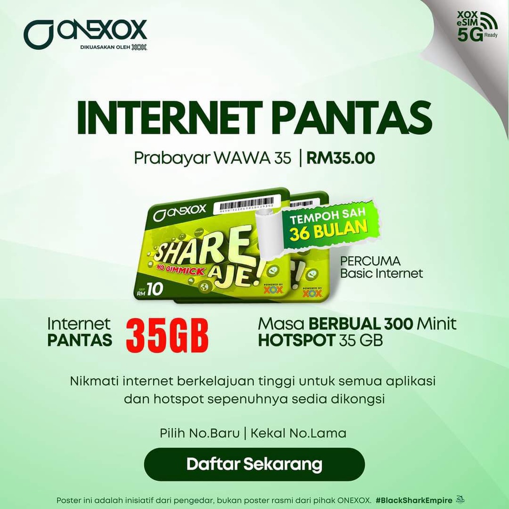 WAWA PREPAID 35 ONEXOX 28 BULAN PERAK FC TBG THE BOS GAURUS