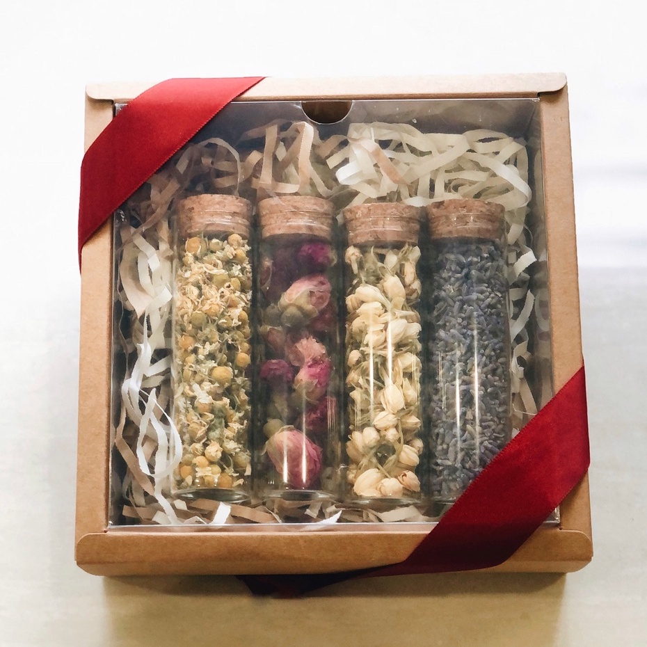 HR Gift Box Set Flower Tea Starter Pack (Chamomile Rose Jasmine Lavender) Glass Test Tubes