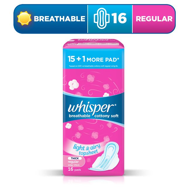 Whisper Breathable Cottony Soft Thick Regular Sanitary Pads With Wings
